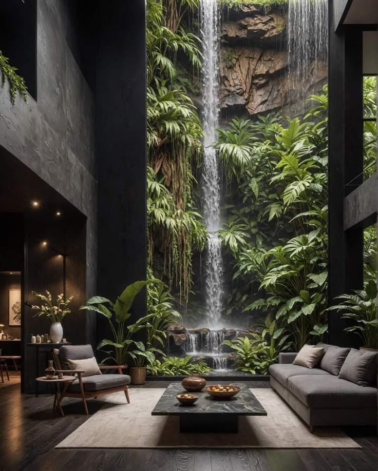 Double-height living room with dark stone walls, lush planting and an indoor waterfall