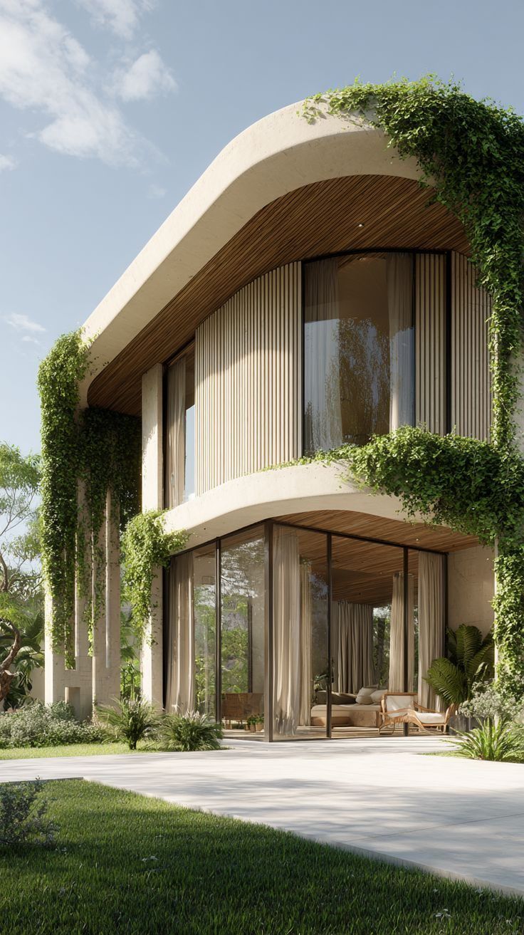 Two-storey contemporary villa with a curved concrete canopy, timber soffit and full-height glazing